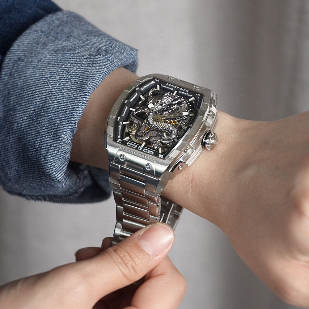 (預購)【Bonest Gatti】BG5606-S1 酒桶型 鏤空 夜光指針刻度錶盤 銀龍 不鏽鋼 機械錶 中性 淑女 紳士