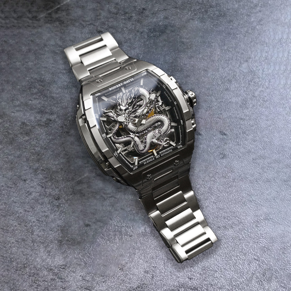 (預購)【Bonest Gatti】BG5606-S1 酒桶型 鏤空 夜光指針刻度錶盤 銀龍 不鏽鋼 機械錶 中性 淑女 紳士