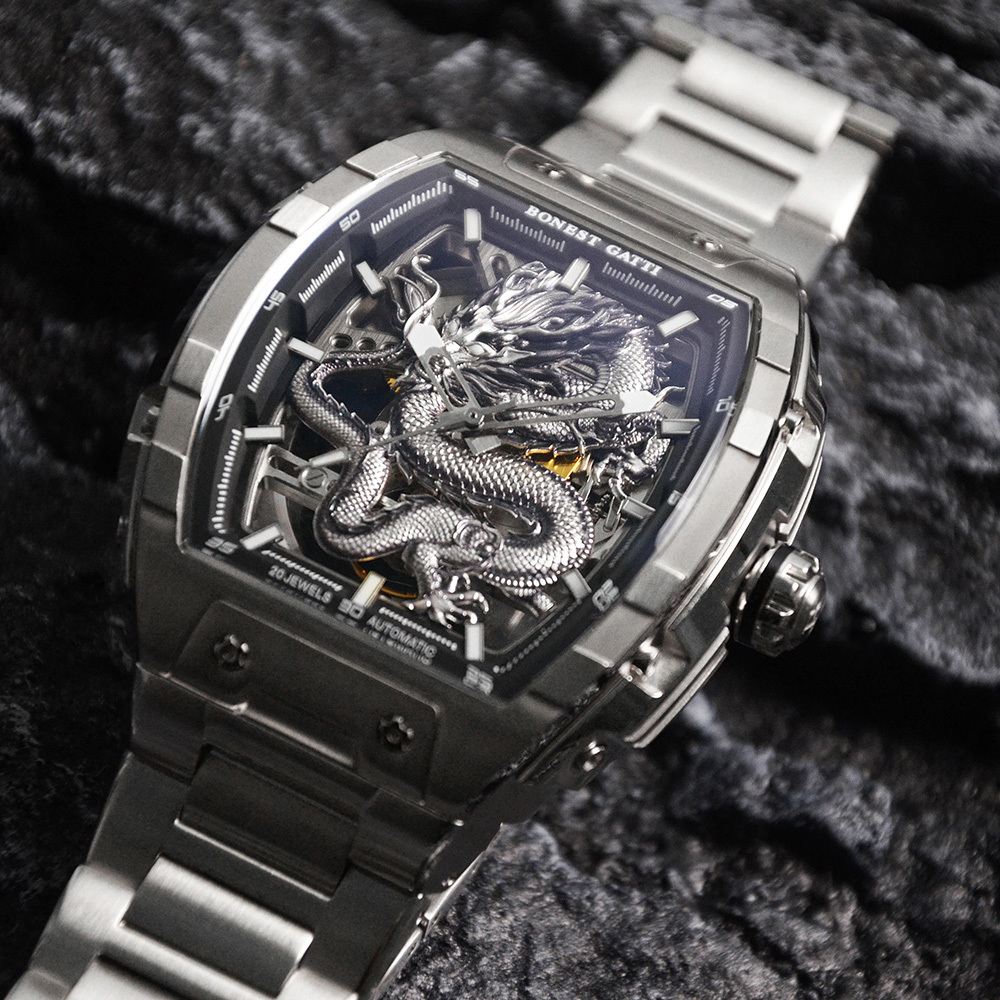 (預購)【Bonest Gatti】BG5606-S1 酒桶型 鏤空 夜光指針刻度錶盤 銀龍 不鏽鋼 機械錶 中性 淑女 紳士