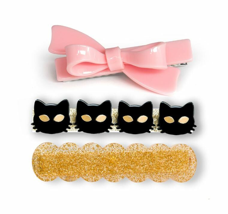 LILIES & ROSES 黑貓粉紅蝴蝶結鱷魚夾 Cat Black & Pink Bowtie Hair Clips