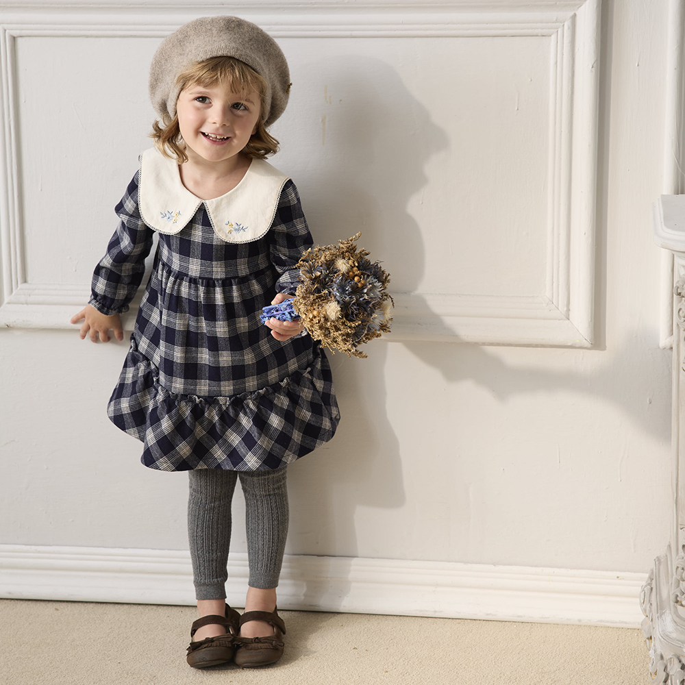 PIPPY優雅格紋海軍領棉質連身裙洋裝 藍