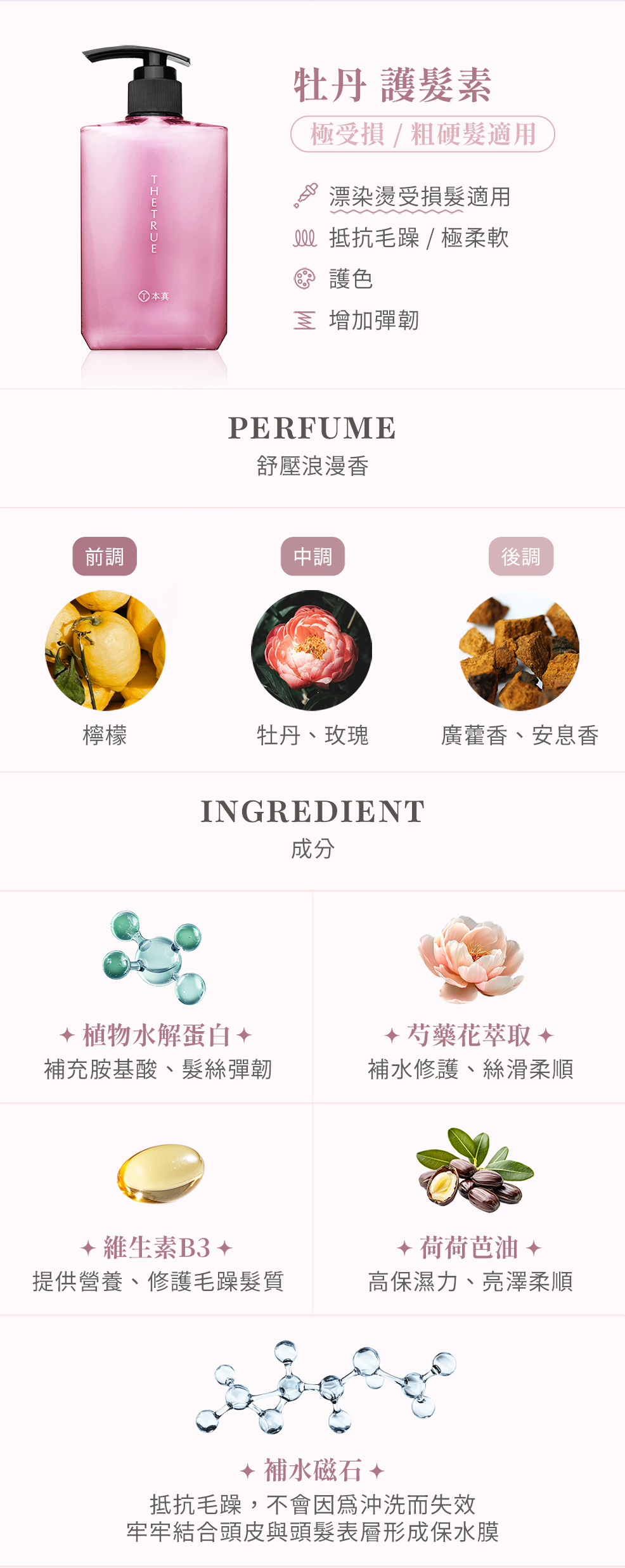 牡丹護髮素適合極受損及粗硬髮,添加植物水解蛋白、芍藥花萃取及維生素B3,可補水修護、柔順髮絲,荷荷芭油高保濕力可使髮絲亮澤,補水磁石在頭皮及頭髮表層形成保水膜、抵抗毛躁