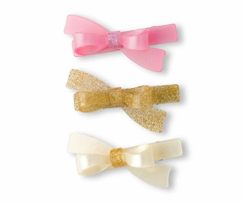 LILIES & ROSES 閃亮蝴蝶結髮夾 Bows Pink Glitter Gold and Pearl Hair Clips