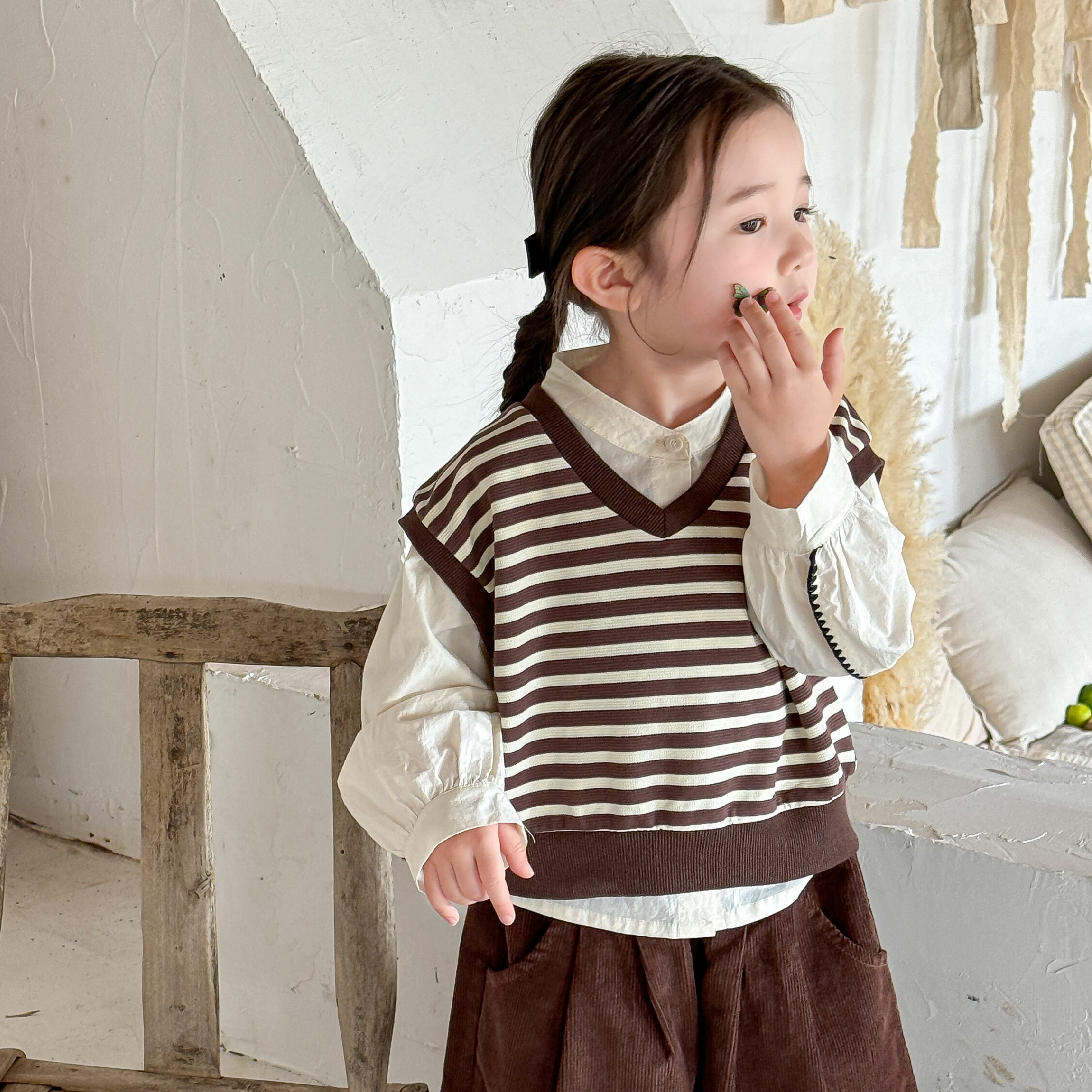 【H45022】氣質襯衫條紋背心兩件式套裝/上衣(本商品未含褲子)