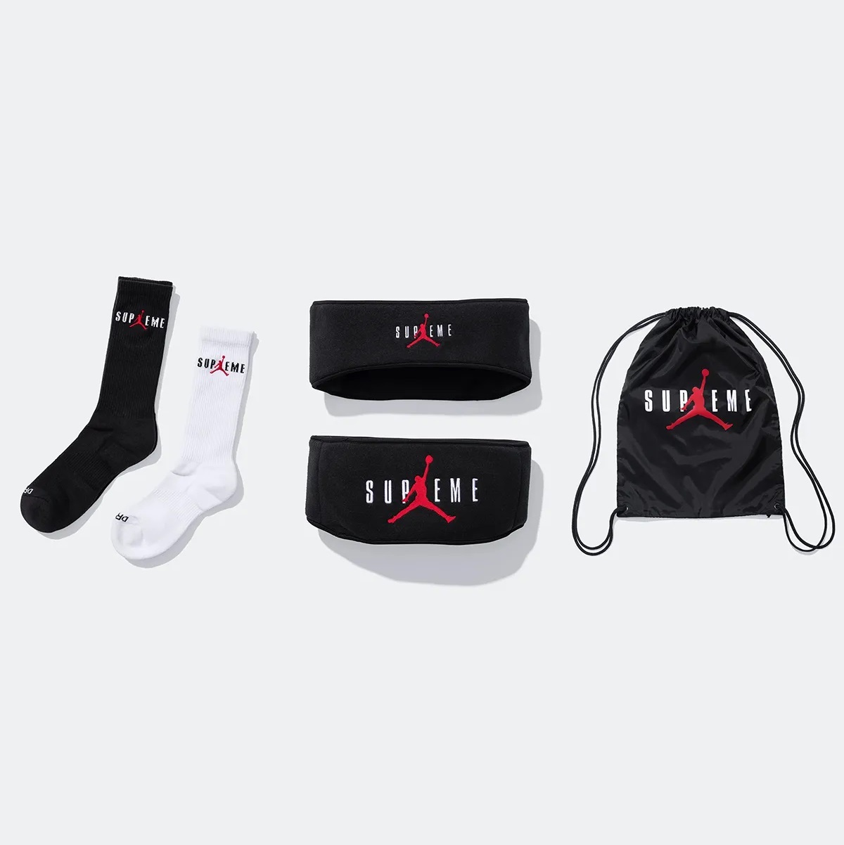 聯名款 Supreme 24FW  x Jordan drawstring bag 束口袋 crew socks 襪子 中筒襪 Headband 頭帶 頭巾