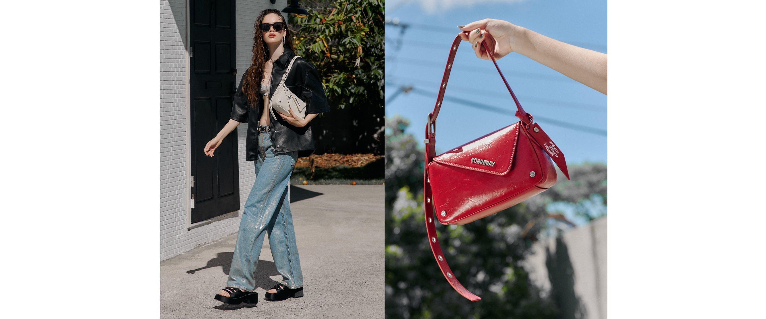 模特兒肩背白色My Fate肩背包，以及寶石紅色的My Fate肩背包