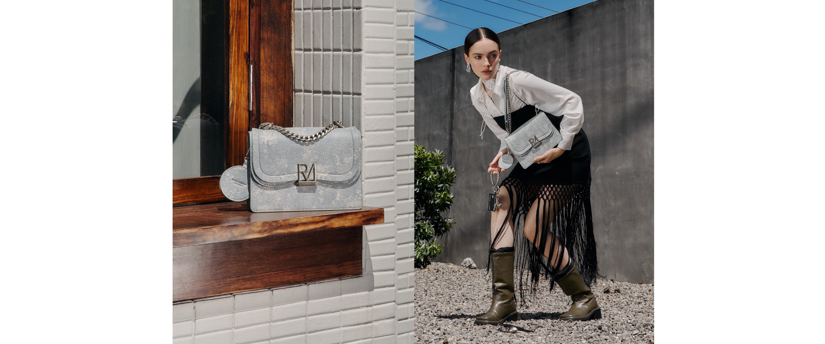 Elly雙層斜背包丹寧復古版商照，以及模特兒肩背Elly雙層斜背包丹寧復古版