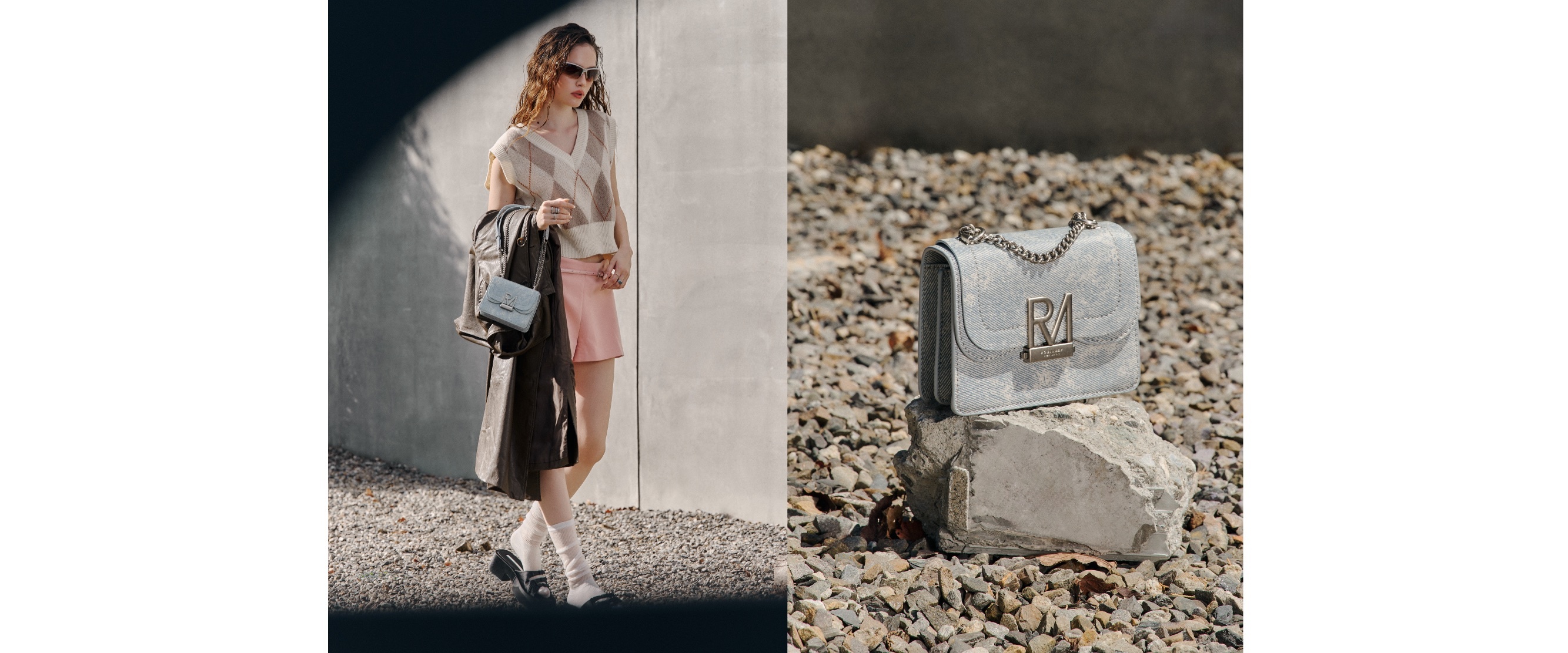 模特兒身穿背心及粉色短裙手提Elly斜背包S丹寧復古版