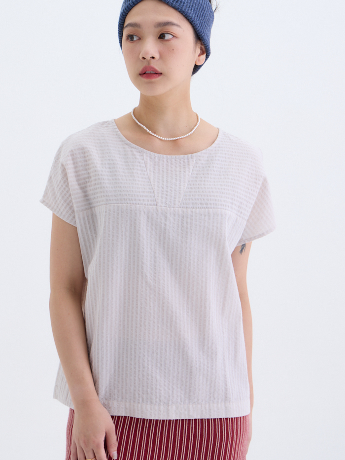 軟雲圓領連袖上衣-薄茶