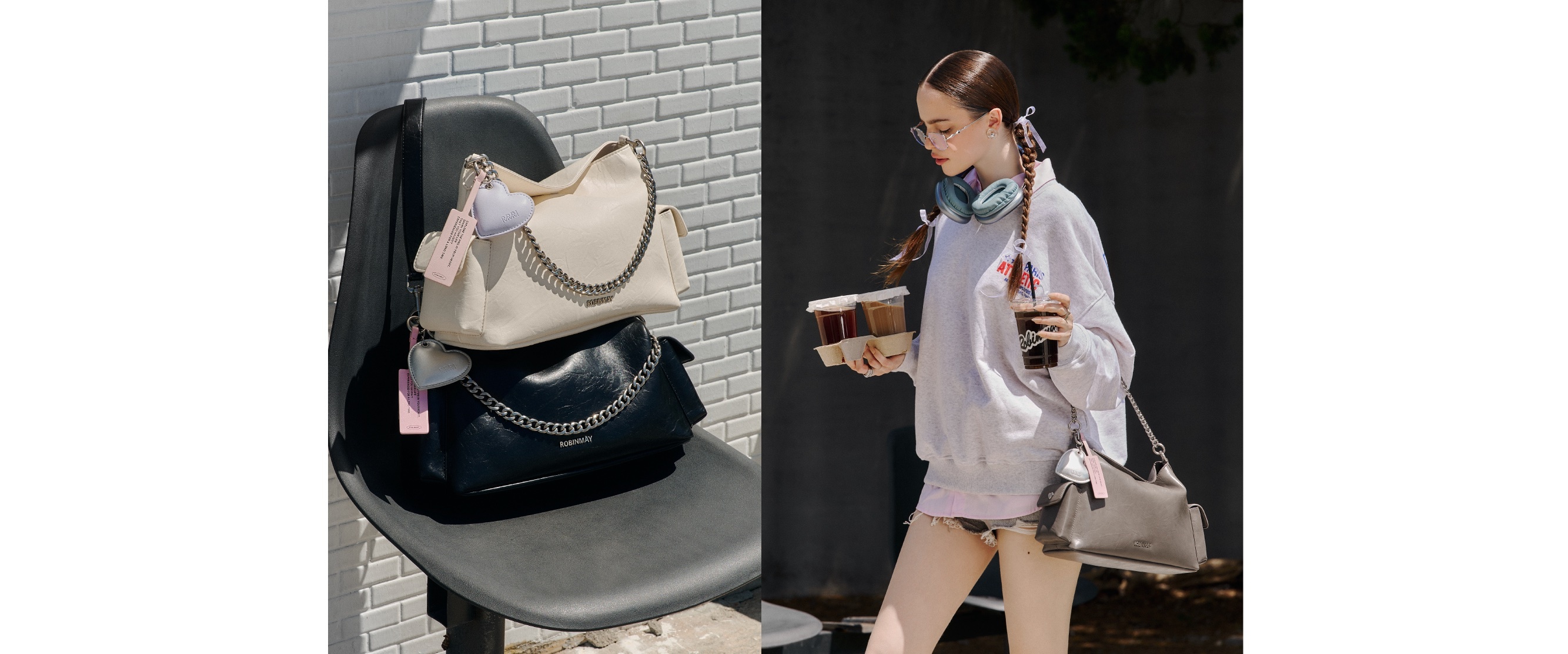 模特兒受拿飲料身穿大學踢，手提Heartbeat肩背包