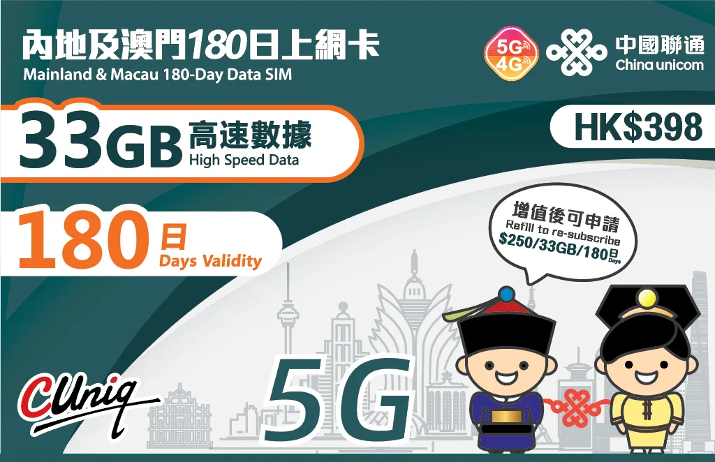 中國聯通【中國內地及澳門】180日 33GB 5G/4G 上網卡｜高速數據卡 SIM 咭