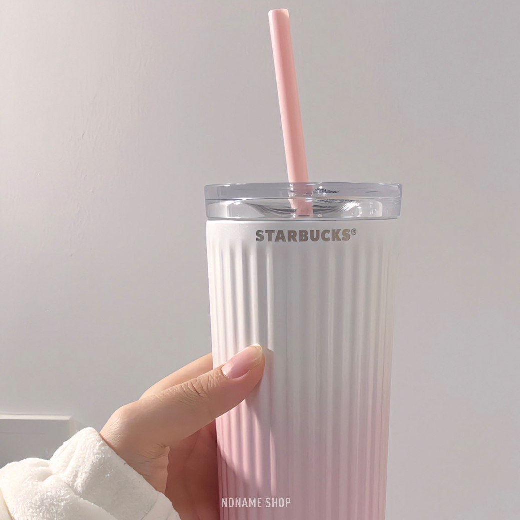 STARBUCKS 星巴克 漸層粉 雙蓋 不鏽鋼 保溫 吸管杯 473ML