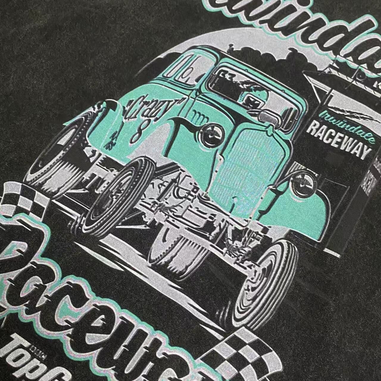 美式復古塗鴉賽車水洗短袖上衣