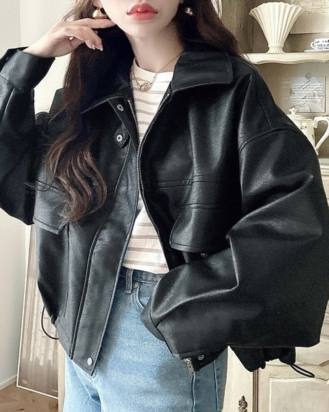 Moment+ 日本限定 復古 霧面壓紋 2Way 短版 皮外套 棕 黑