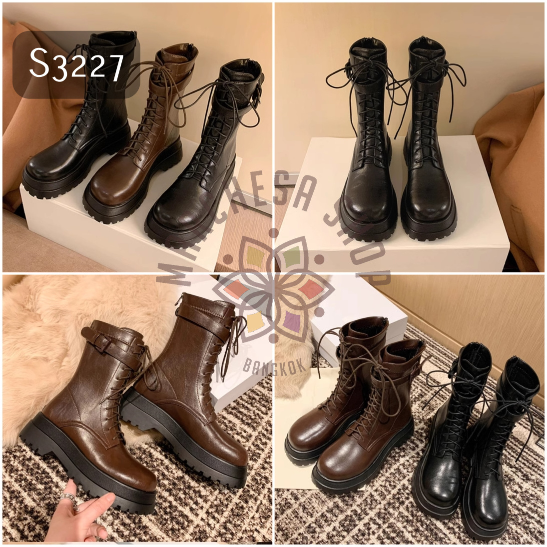 S3227 - 真皮牛皮圓頭綁帶一字扣厚底短靴