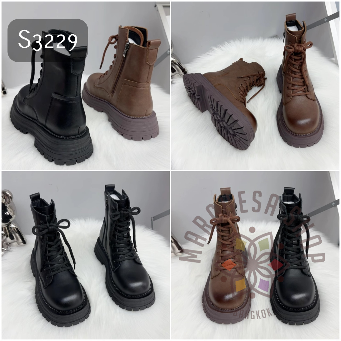 S3229 - 真皮牛皮特色鞋踭車綫圓頭厚底短靴