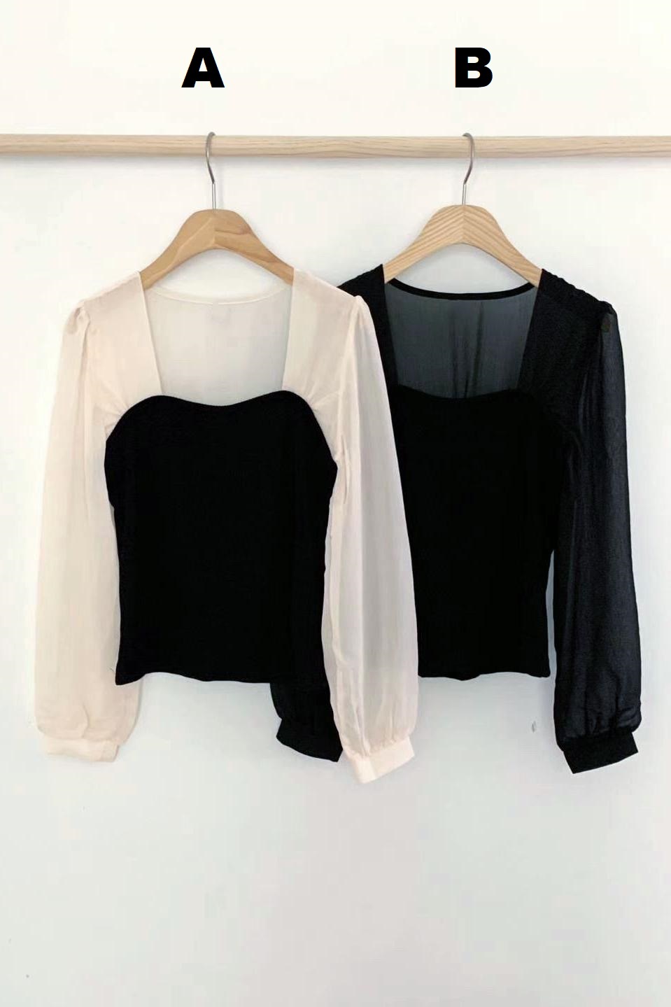 TOP#14470🤎框肩雪紡上衣