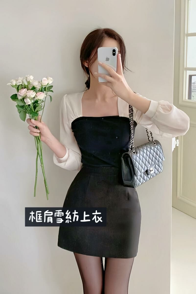 TOP#14470🤎框肩雪紡上衣