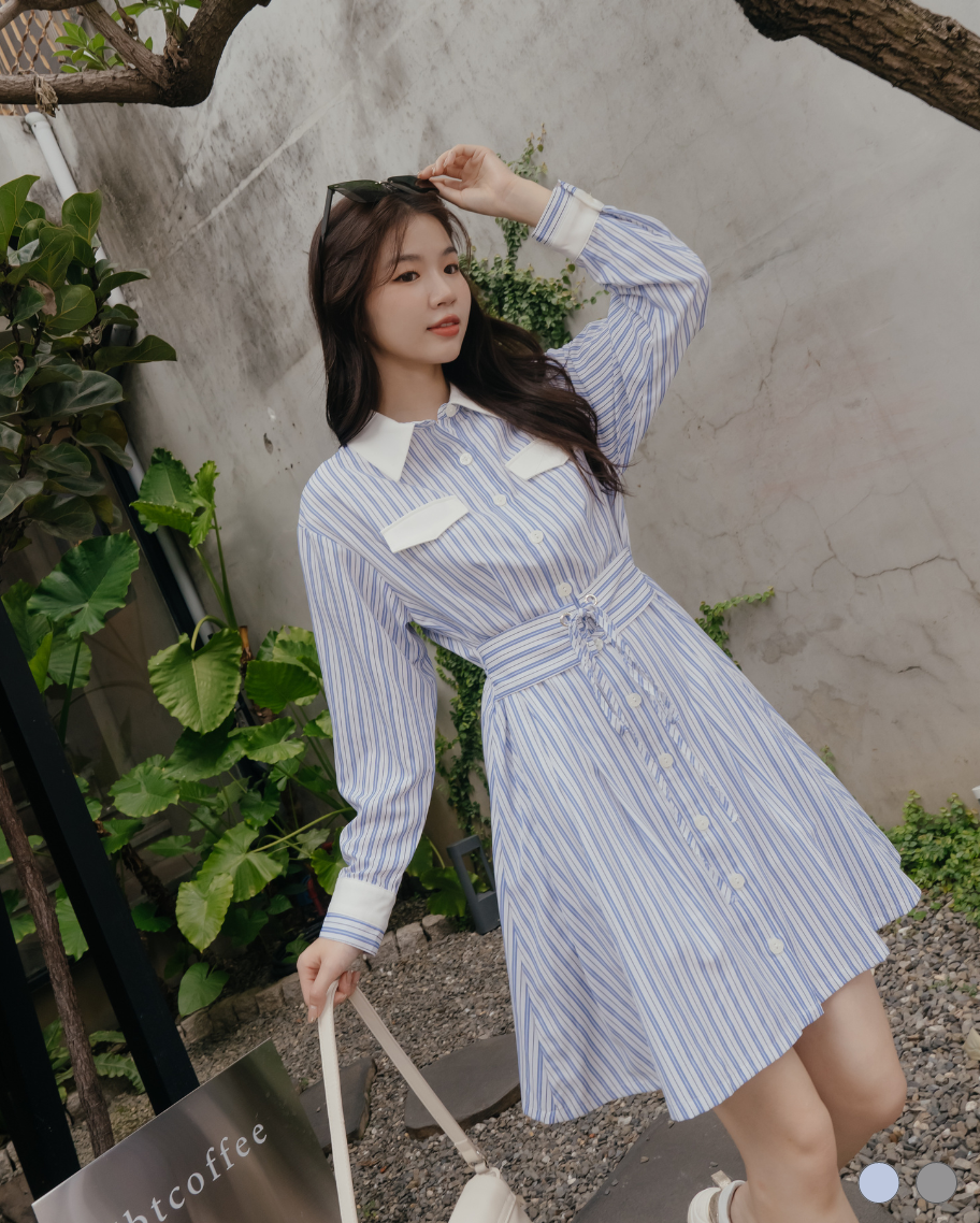 質感激瘦綁繩腰封襯衫式短洋裝
