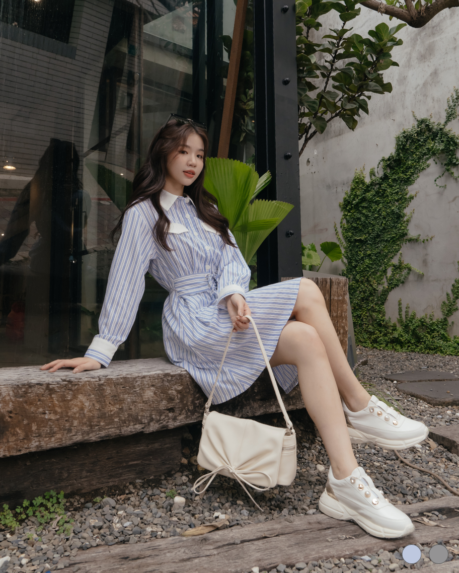 質感激瘦綁繩腰封襯衫式短洋裝