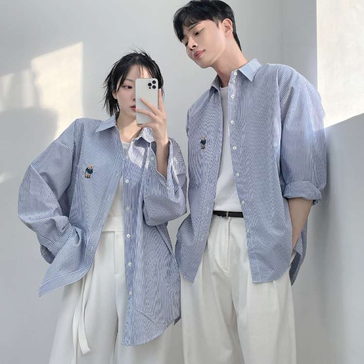 小熊條紋長袖襯衫 (三色)