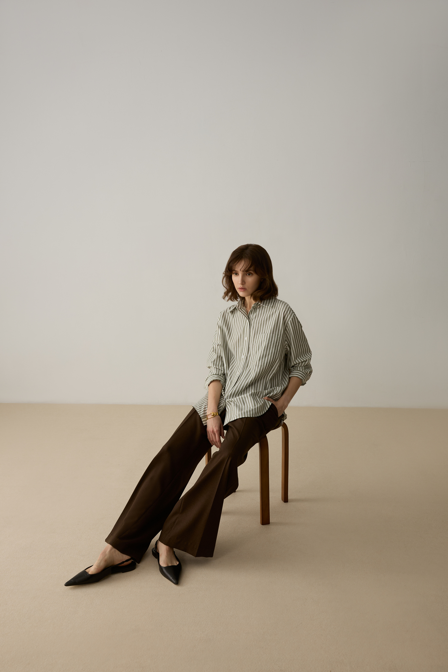 STRIPE 落肩長袖襯衫 女（松葉綠）