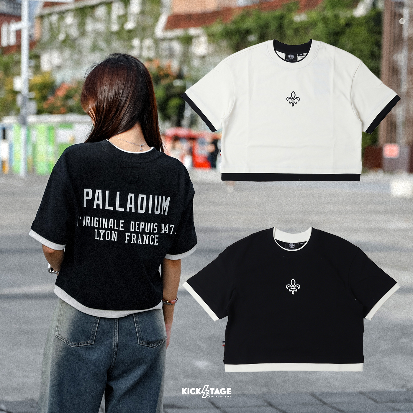 **特價商品售出無退換**女款 PALLADIUM 24SS 米白色 黑色 鳶尾花 短版 假兩件式 短T【1910439】