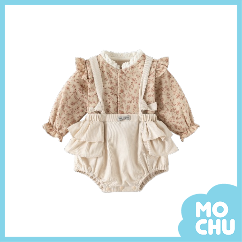 碎花波浪背帶包屁褲兩件式套裝