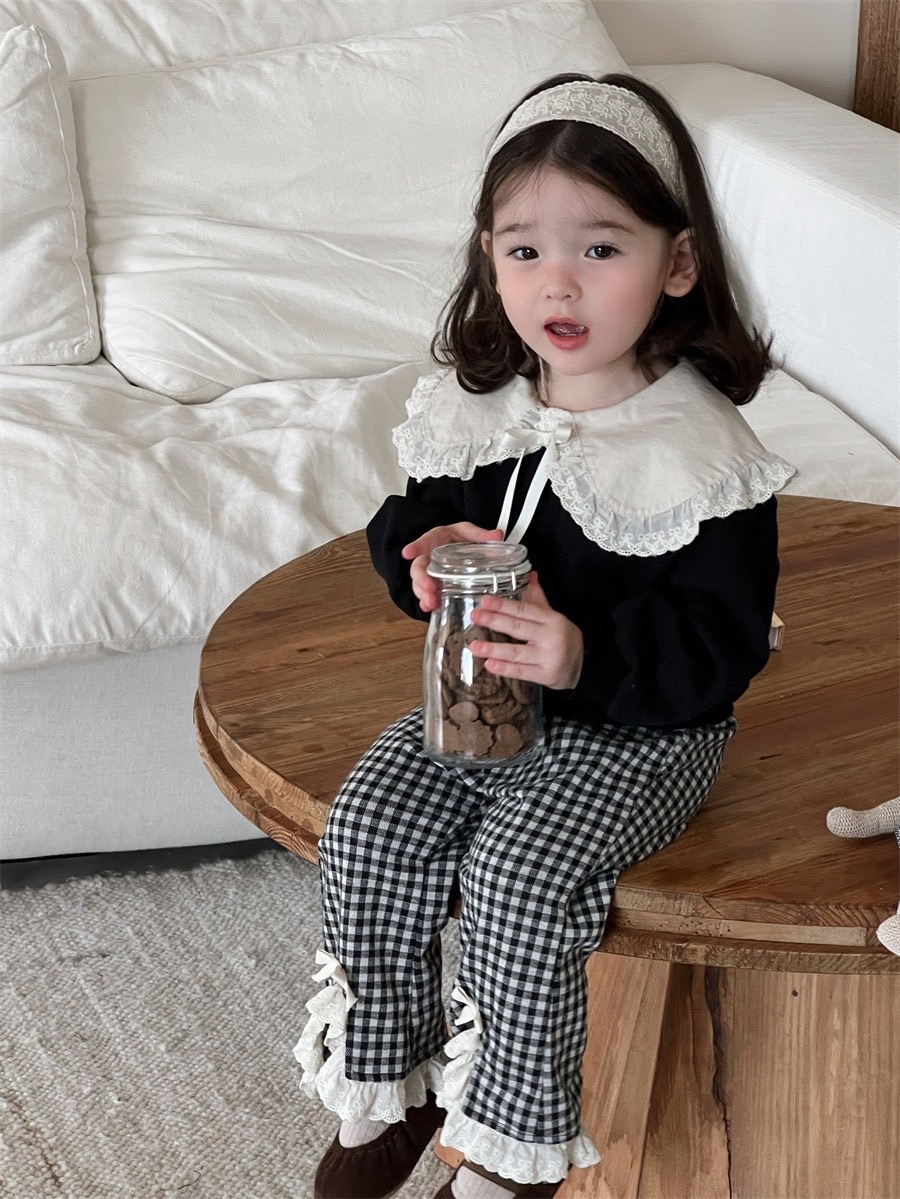 格紋蕾絲花邊喇叭褲