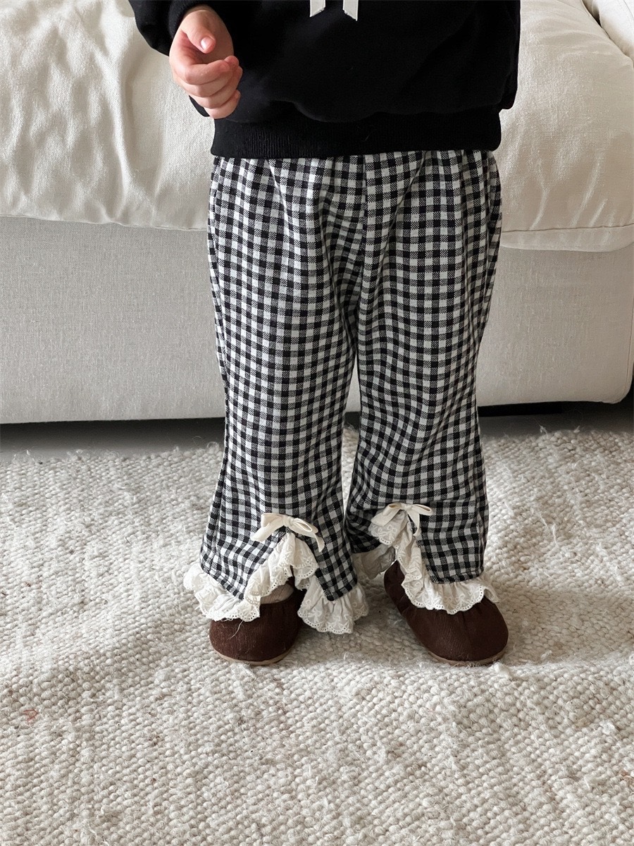 格紋蕾絲花邊喇叭褲