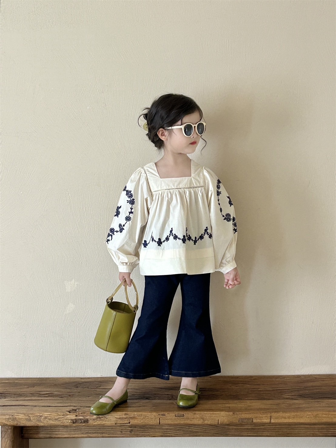 民族風刺繡方領上衣