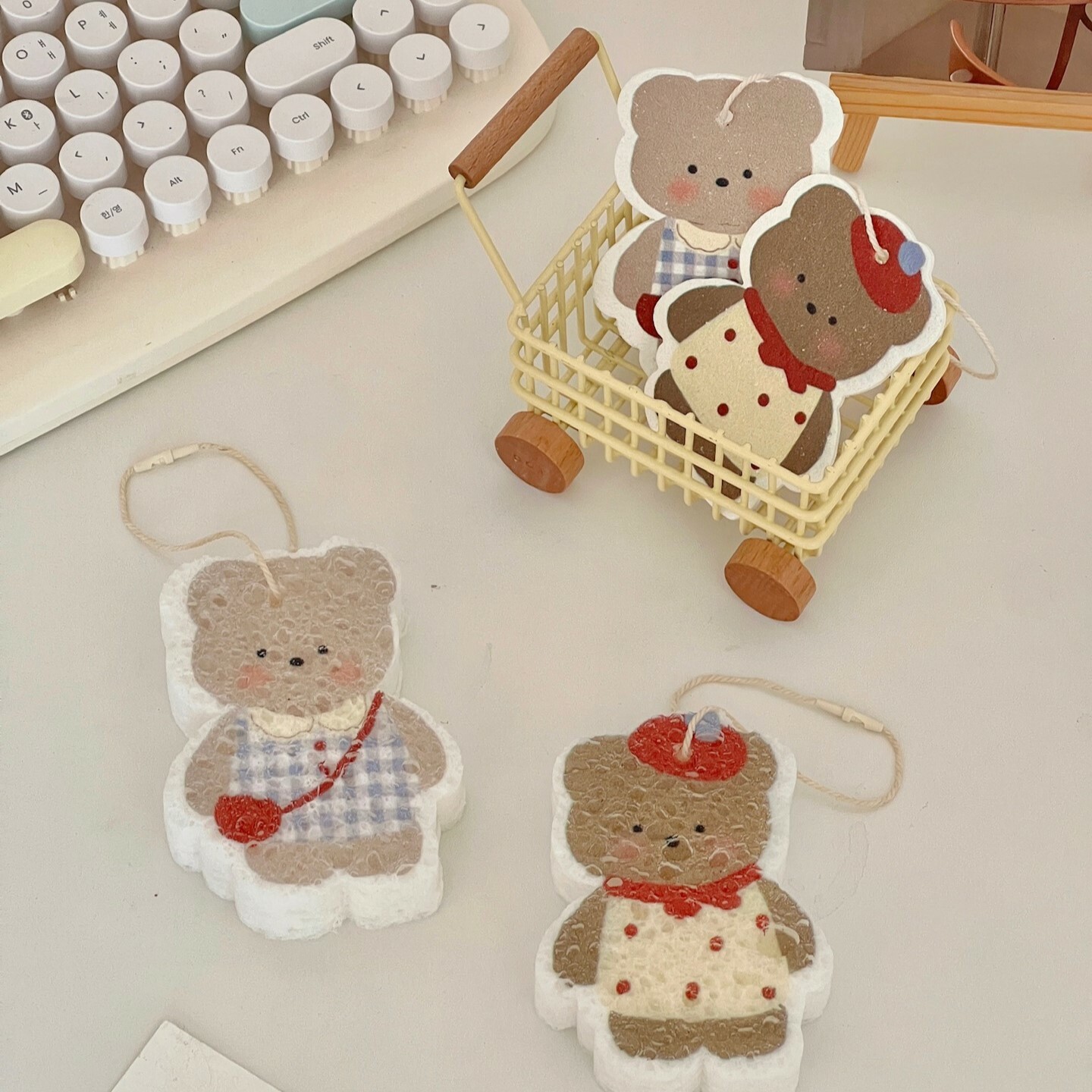 《4919》小熊外出郊遊系列天然木將棉清潔海棉