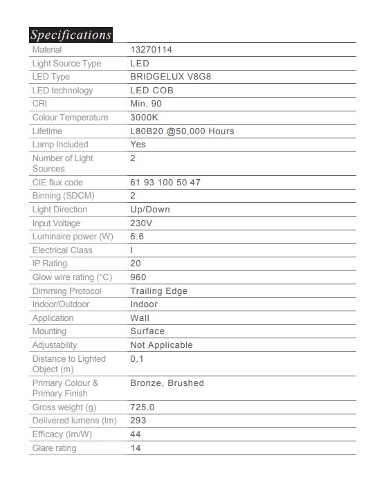 MODULAR 13270114 SULFER 牆向上/向下 LED 6.6W 3000K 青銅拉絲陽極氧化可調光