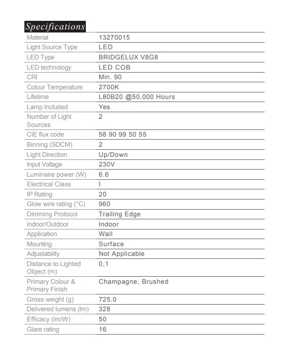 MODULAR 13270015 SULFER 牆向上/向下 LED 6.6W 2700K 香檳沙拉絲陽極氧化可調光