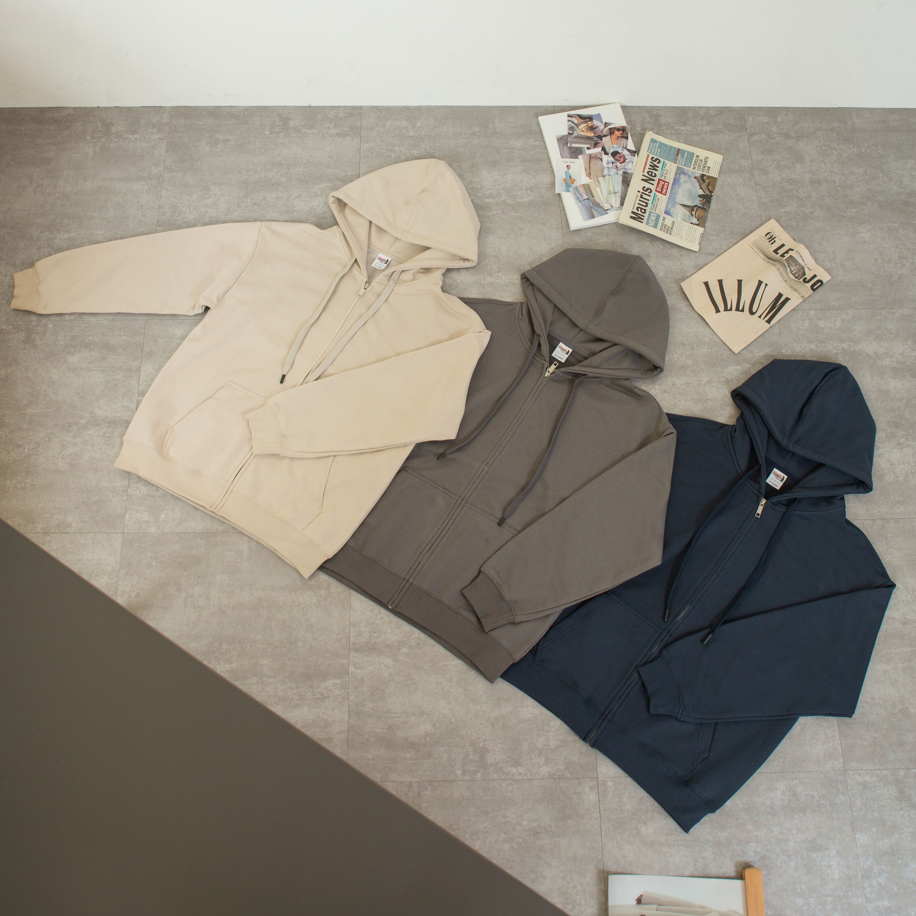 ArriveGuide 重磅寬版落肩連帽外套燕麥色石墨灰藏青平拍照