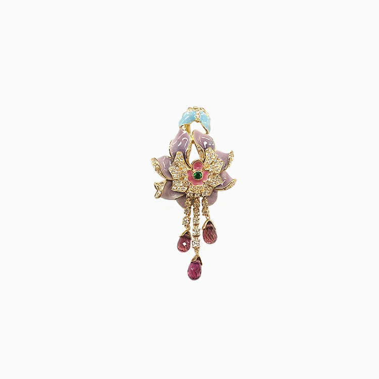 【羌繡｜九月花】18K金鑽石琺瑯吊墜