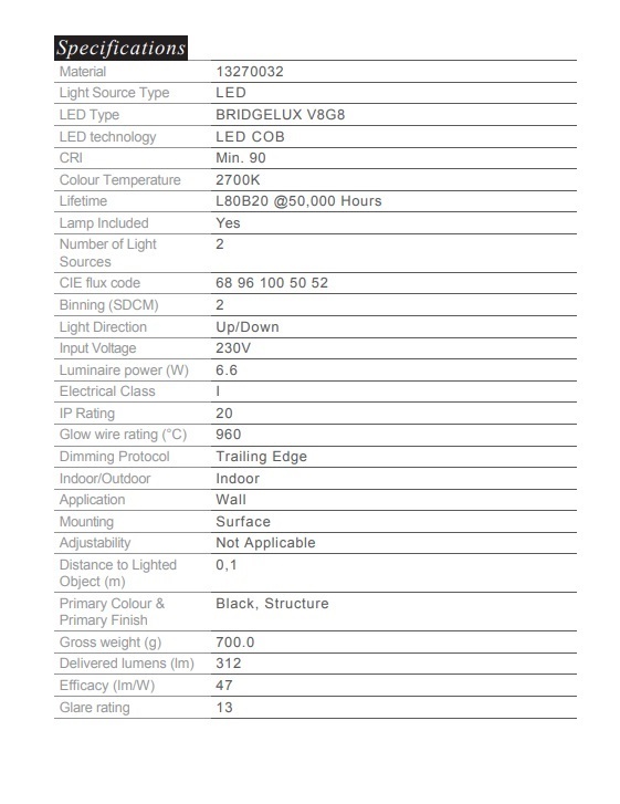 MODULAR 13270032 SULFER 牆向上/向下 LED 6.6W 2700K 黑色可調光