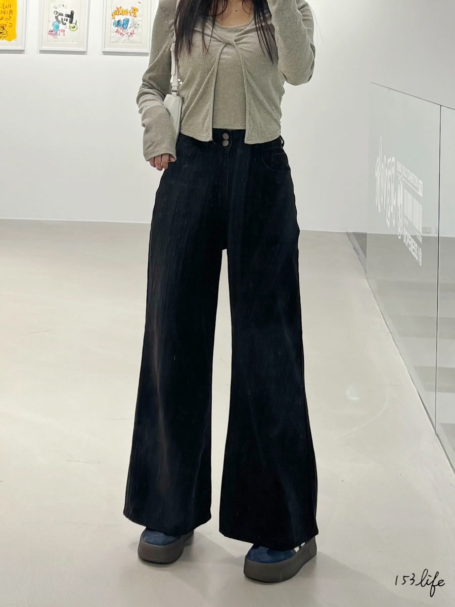 小個子收腰雙釦大長腿喇叭黑灰色寬褲(九分/長款) XXS-L