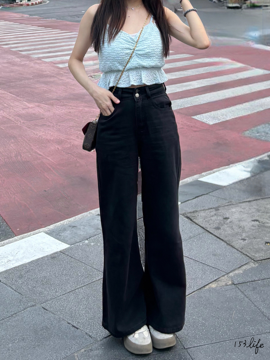 小個子收腰雙釦大長腿喇叭黑灰色寬褲(九分/長款) XXS-L