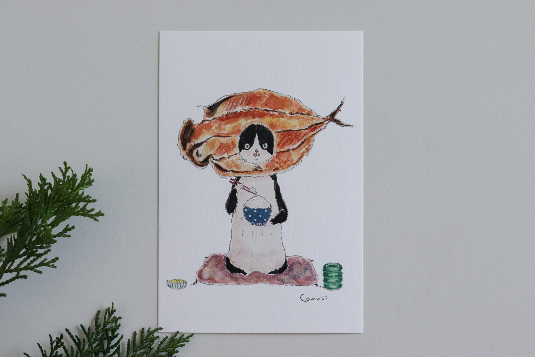 日本 トコロコムギ 戴竹莢魚頭套的貓 明信片