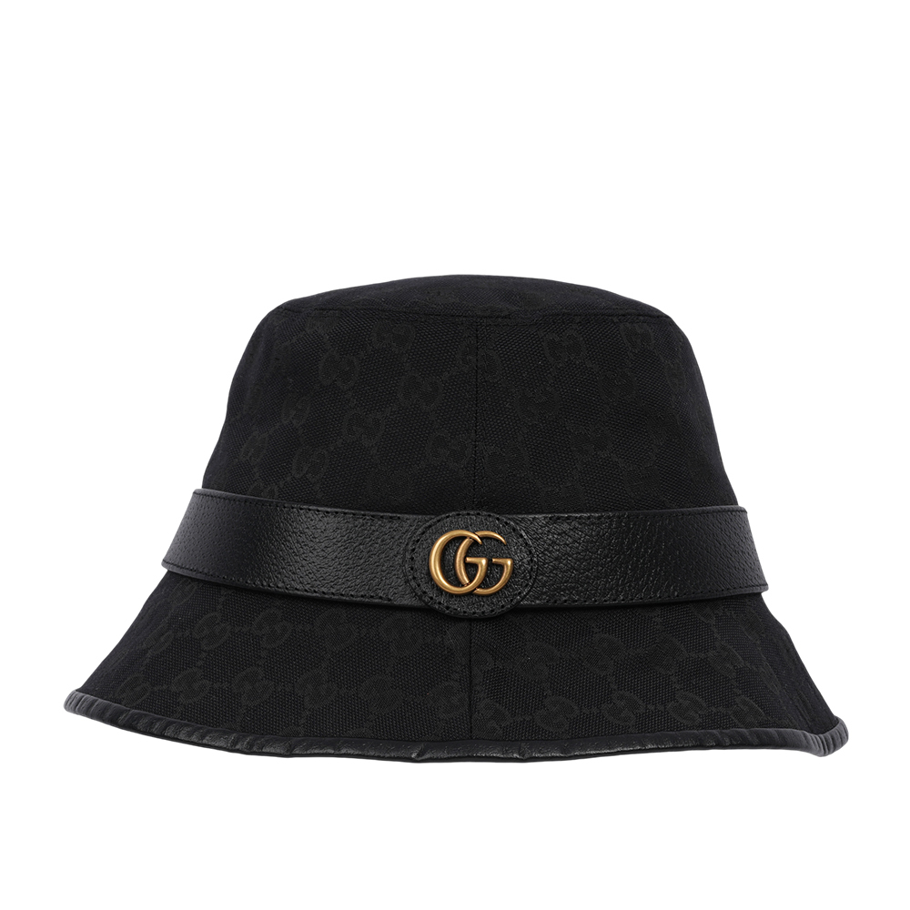【GUCCI】GG Logo 帆布及牛皮復古漁夫帽 M/L號