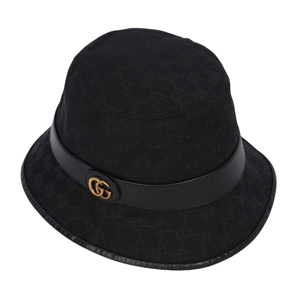 【GUCCI】GG Logo 帆布及牛皮復古漁夫帽 M/L號(黑色) 576587 4HG53 1060