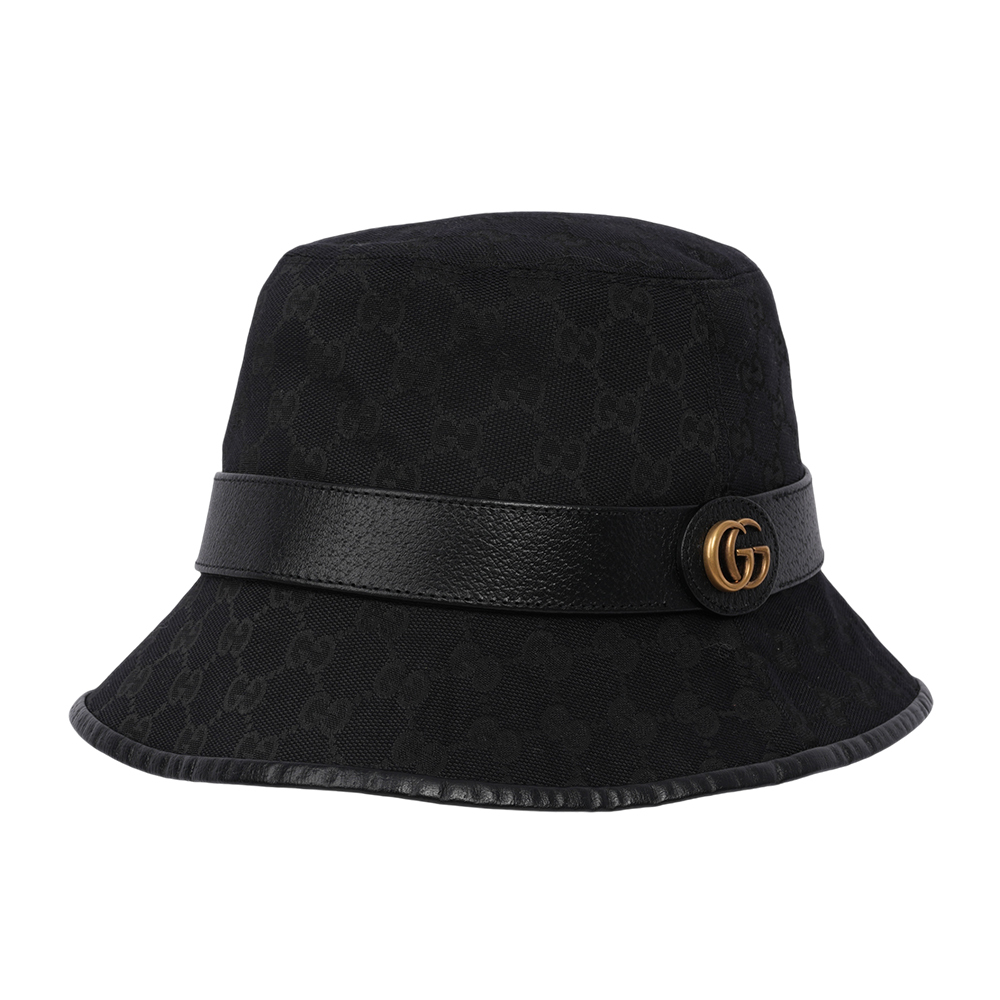 【GUCCI】GG Logo 帆布及牛皮復古漁夫帽 M/L號(黑色) 576587 4HG53 1060