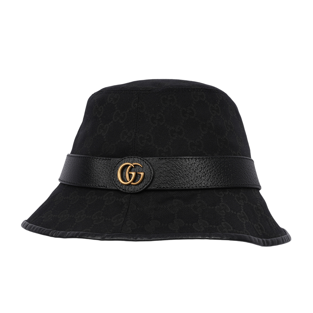 【GUCCI】GG Logo 帆布及牛皮復古漁夫帽 M/L號(黑色) 576587 4HG53 1060