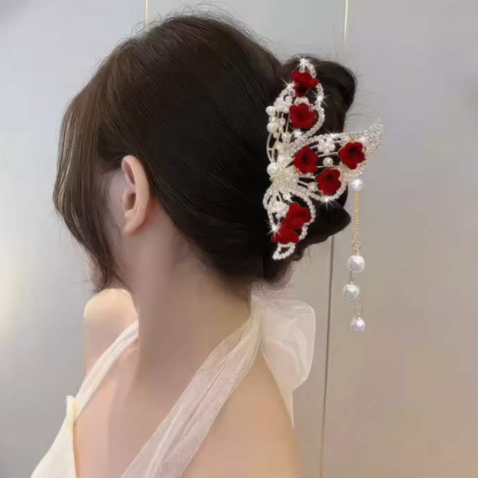 Elegant Red Flower Butterfly Wing Hair Claw