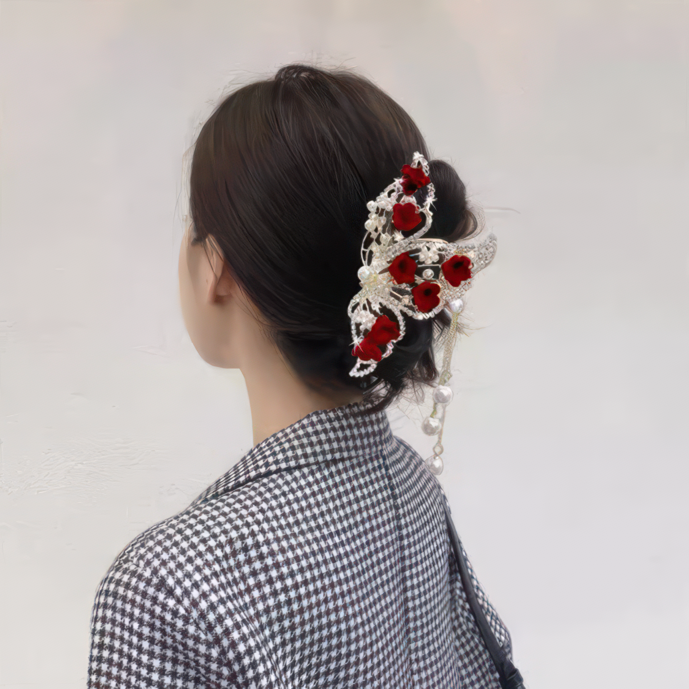 Elegant Red Flower Butterfly Wing Hair Claw