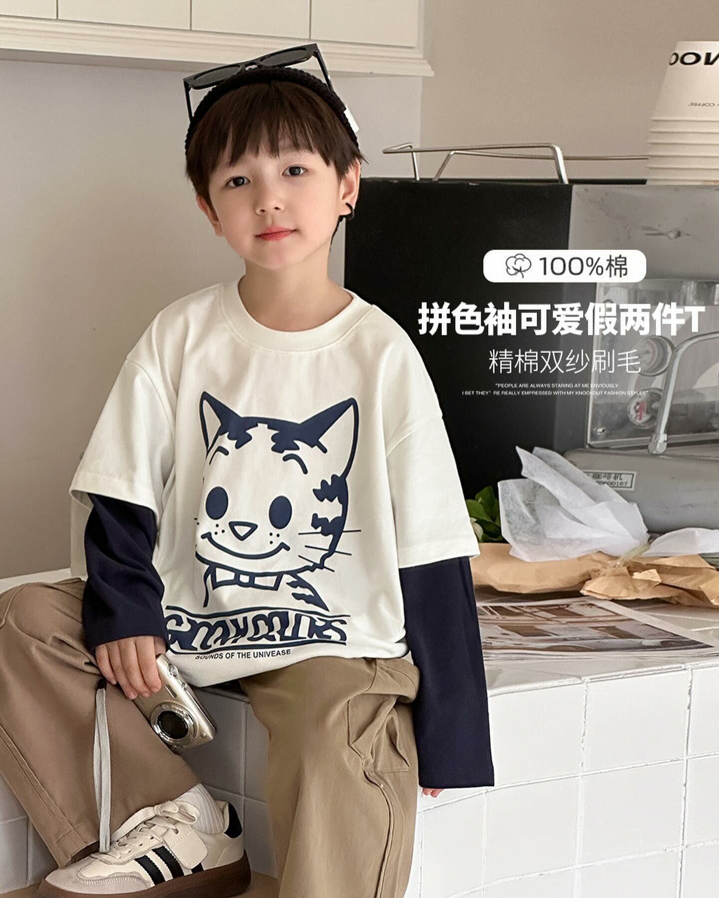 純棉假兩件貓咪上衣