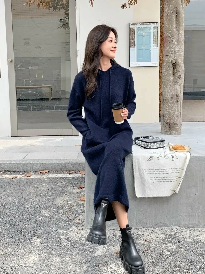 慵懶女子連帽造型針織長洋裝-F / 2色 (Elegant & Love)