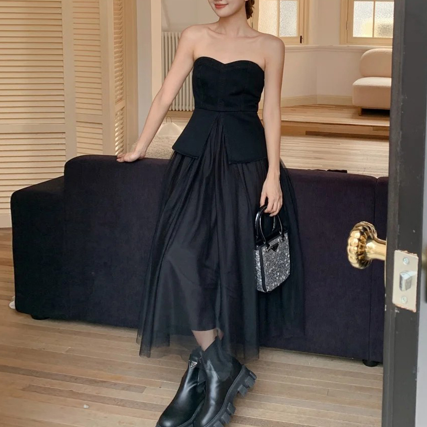 浪漫女子桃心領拼接紗裙長洋裝S-M (Elegant & Love)