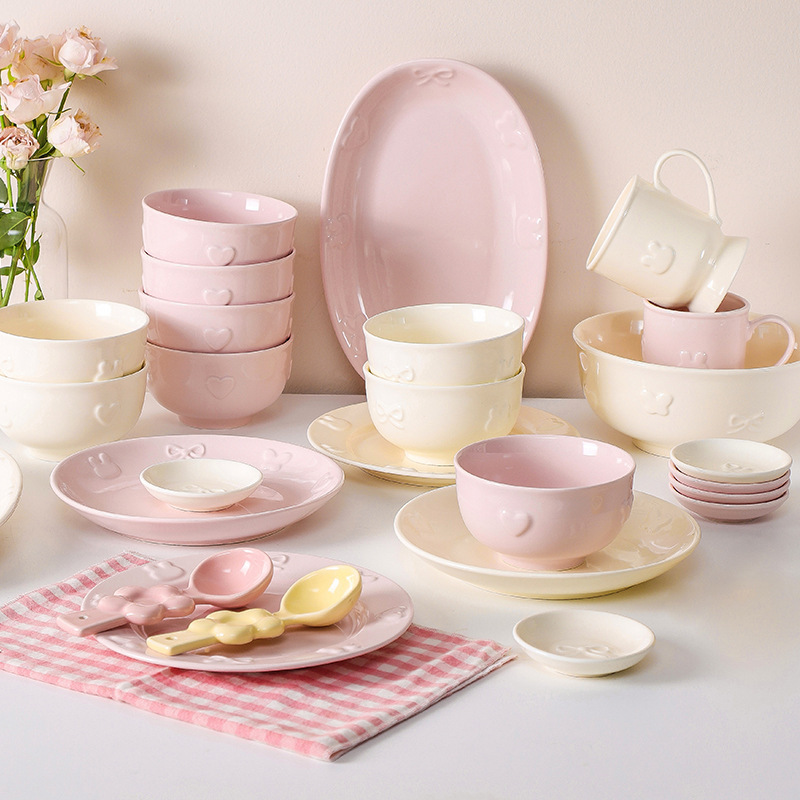 《4935》少女心系列浮雕愛心兔兔蝴蝶結陶瓷餐具組